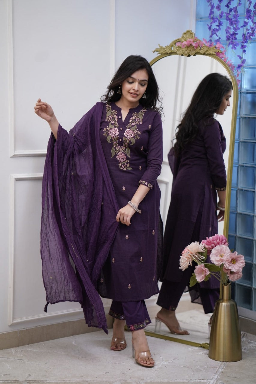 Purple Embroidered Cotton Suit Set with Dupatta