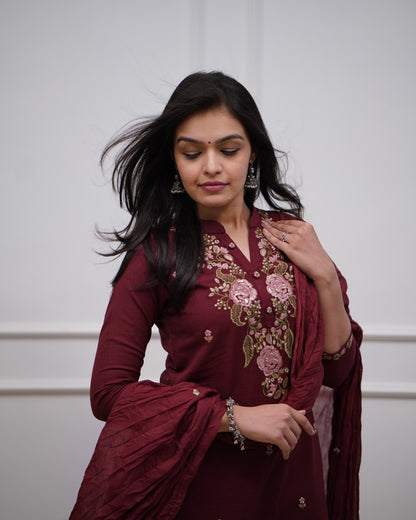 Maroon Embroidered Cotton Suit Set with Dupatta