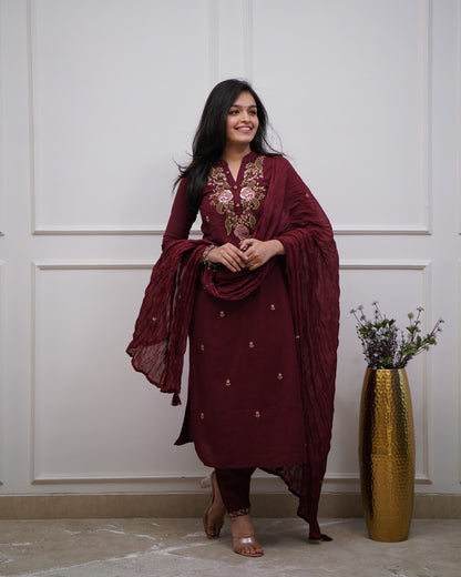 Maroon Embroidered Cotton Suit Set with Dupatta