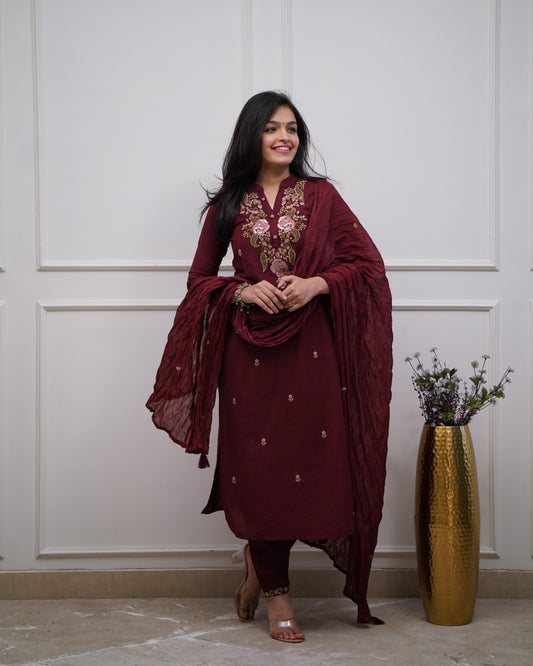 Maroon Embroidered Cotton Suit Set with Dupatta