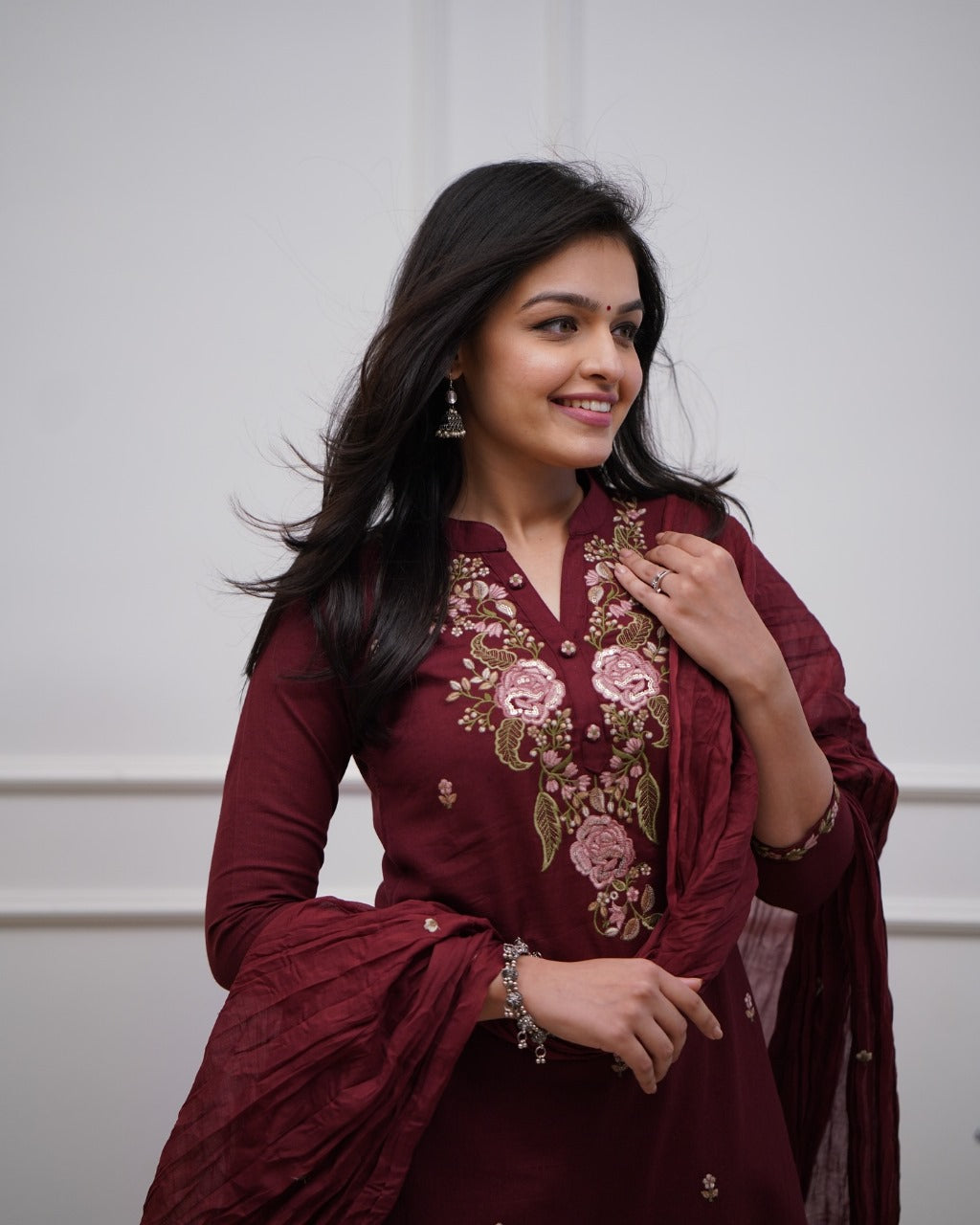Maroon Embroidered Cotton Suit Set with Dupatta