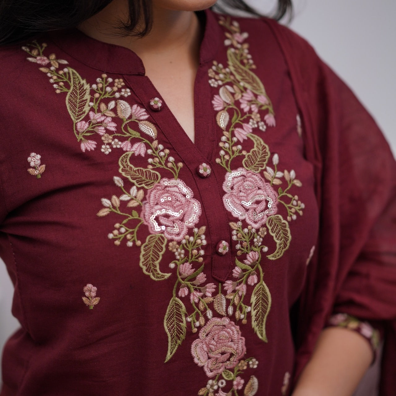 Maroon Embroidered Cotton Suit Set with Dupatta