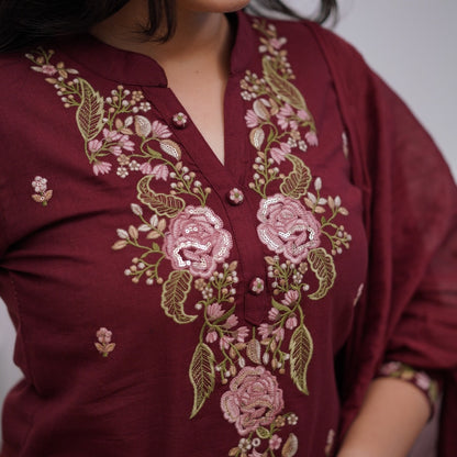 Maroon Embroidered Cotton Suit Set with Dupatta
