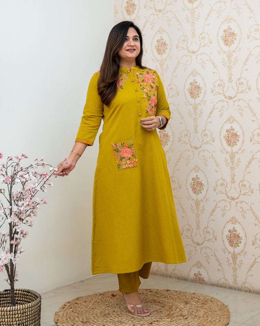 Mustard Yellow Embroidered Cotton Kurta and Pant Set