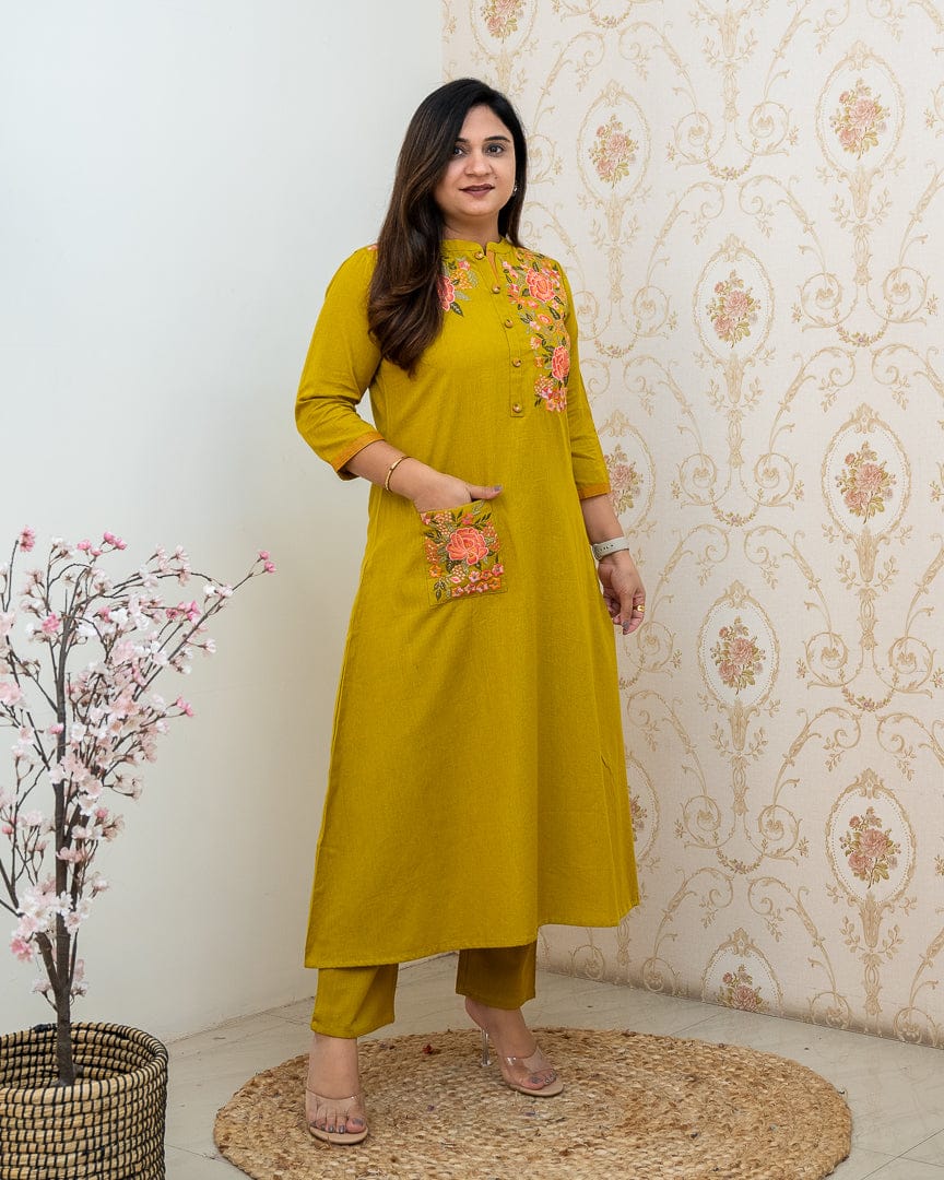 Mustard Yellow Embroidered Cotton Kurta and Pant Set