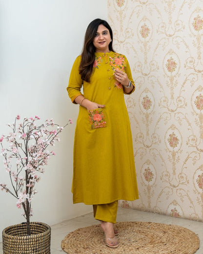 Mustard Yellow Embroidered Cotton Kurta and Pant Set