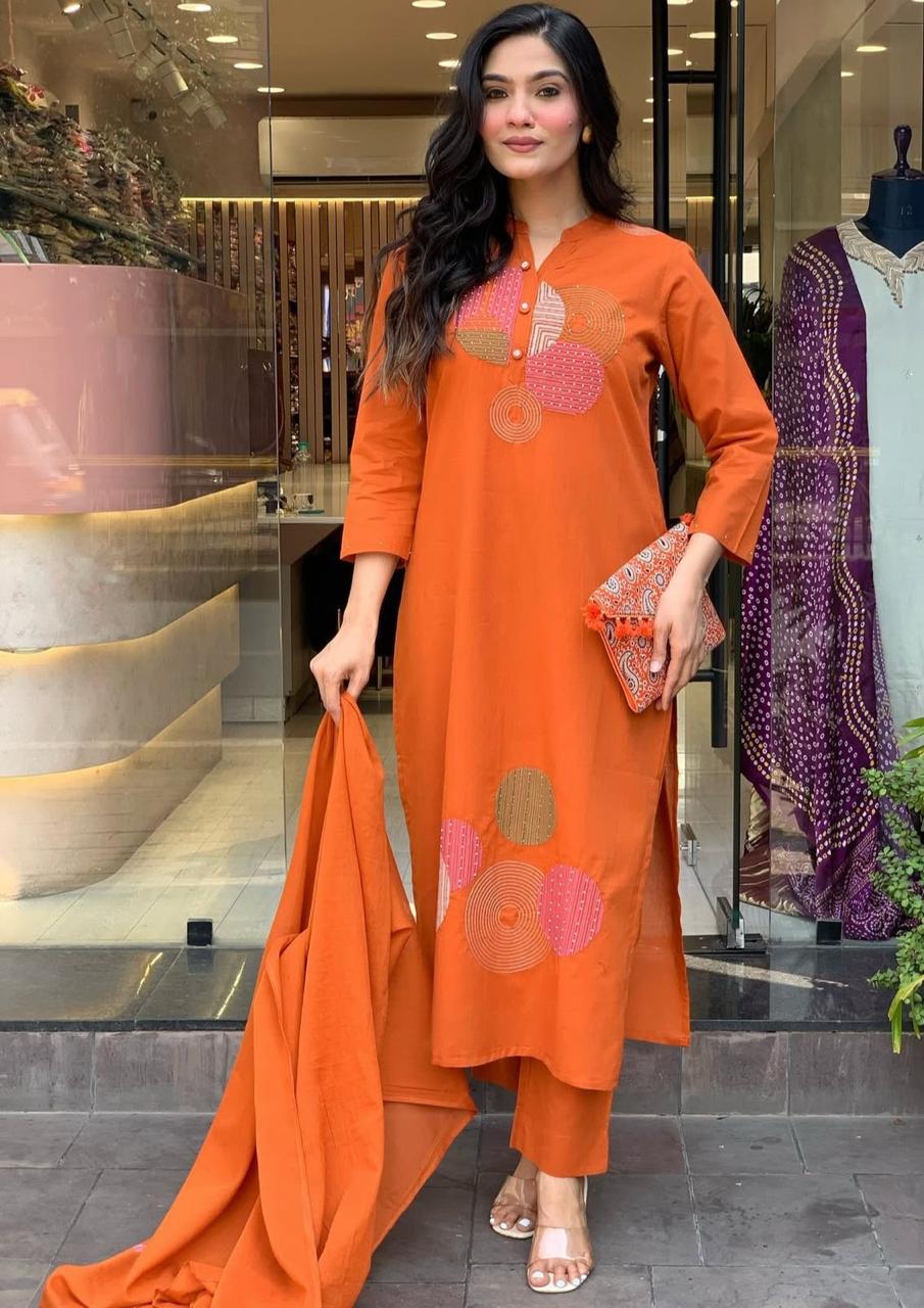 Orange Embroidered Chanderi Suit Set Dupatta