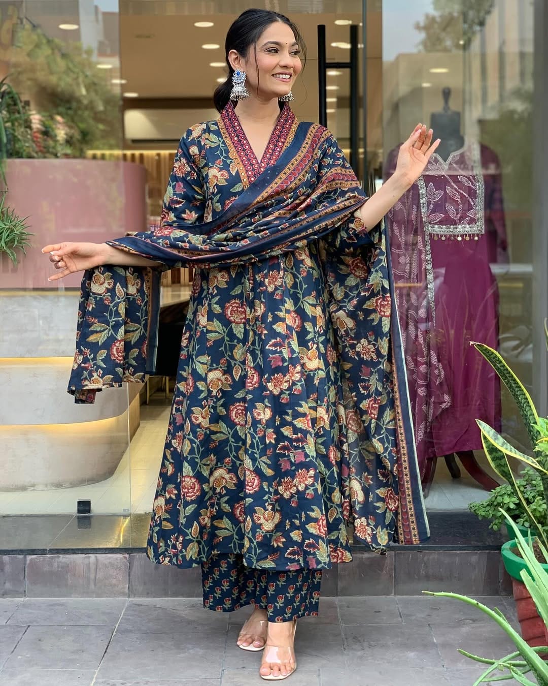 Navy Blue Floral Printed Cotton Kurta and Pant Set with Mulmul Dupatta