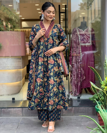 Navy Blue Floral Printed Cotton Kurta and Pant Set with Mulmul Dupatta