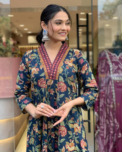 Navy Blue Floral Printed Cotton Kurta and Pant Set with Mulmul Dupatta
