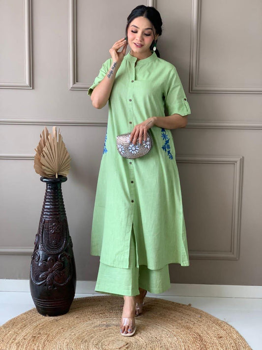 Light Green Embroidered Cotton Kurta and Palazzo Set