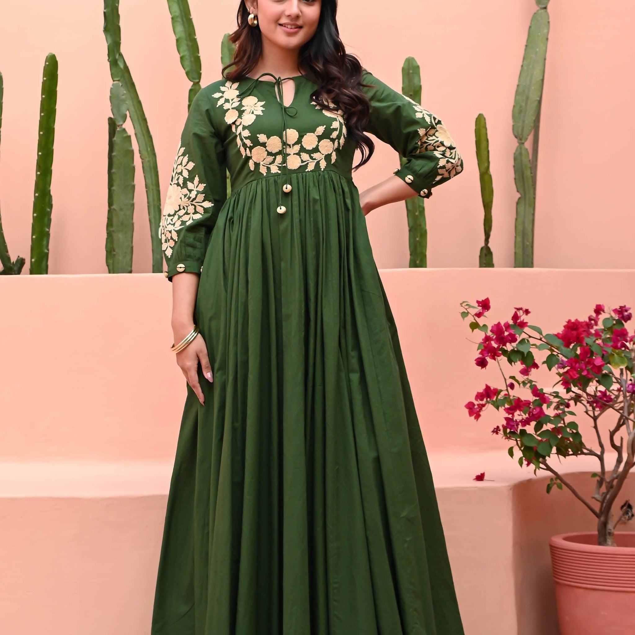 Green Hand Embroidered Cotton Anarkali Gown