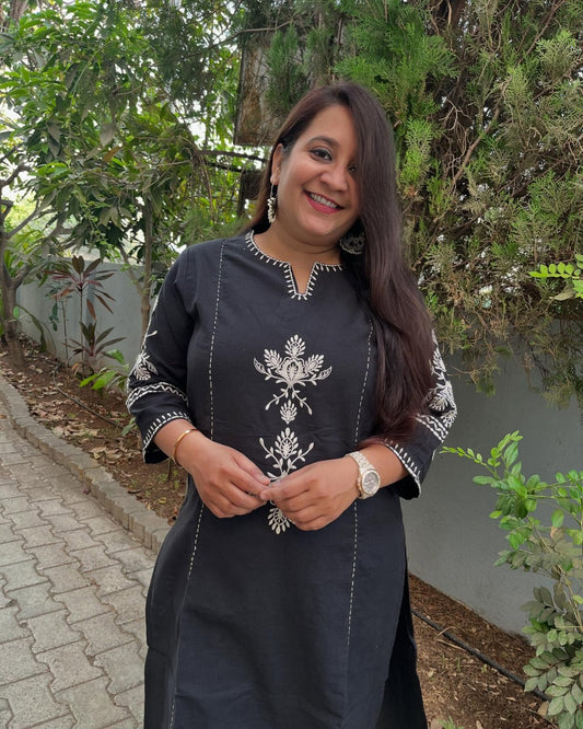 Black Embroidered South Cotton Kurta and Pant Set