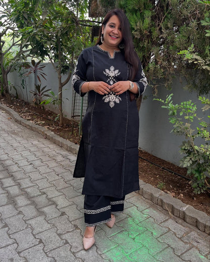 Black Embroidered South Cotton Kurta and Pant Set