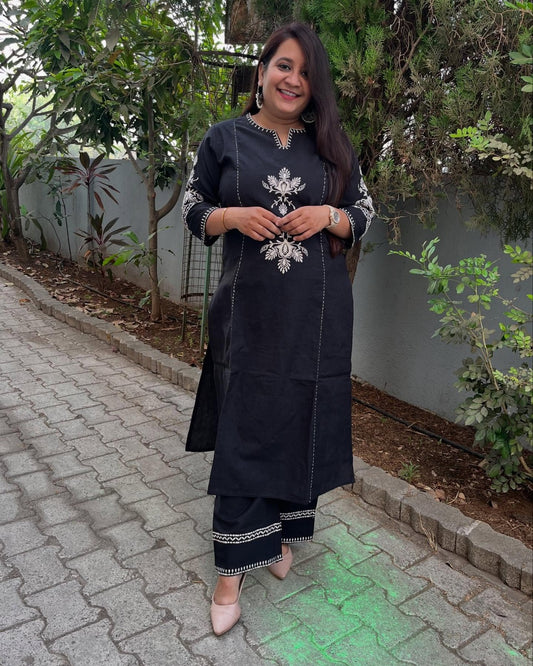 Black Embroidered South Cotton Kurta and Pant Set