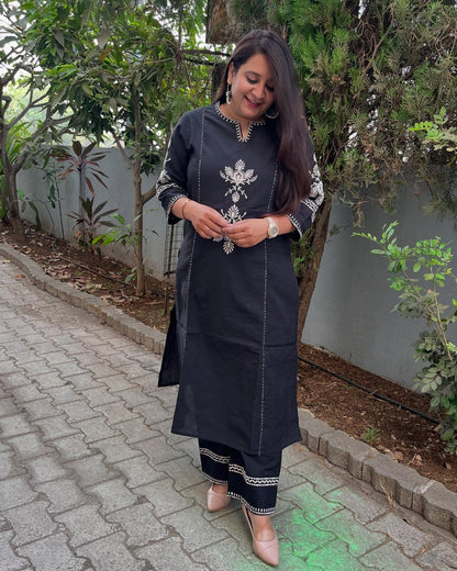 Black Embroidered South Cotton Kurta and Pant Set