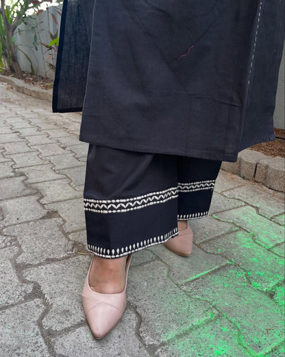 Black Embroidered South Cotton Kurta and Pant Set