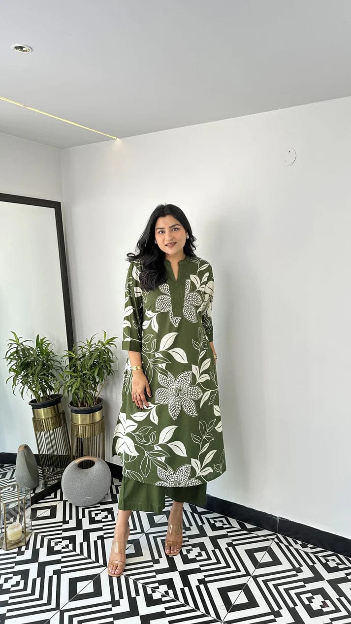 Green Floral Printed Cotton Kurta and Pant Set