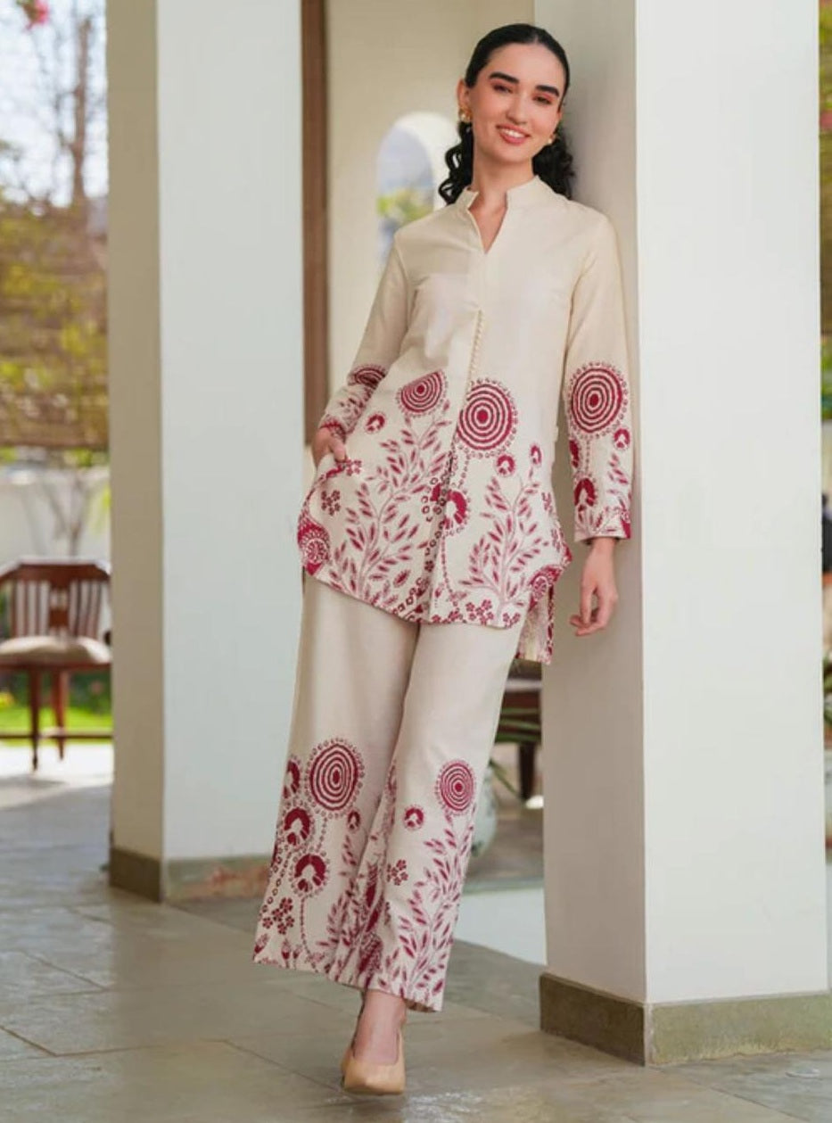 Off White Embroidered Cotton Flex Co-Ord Set