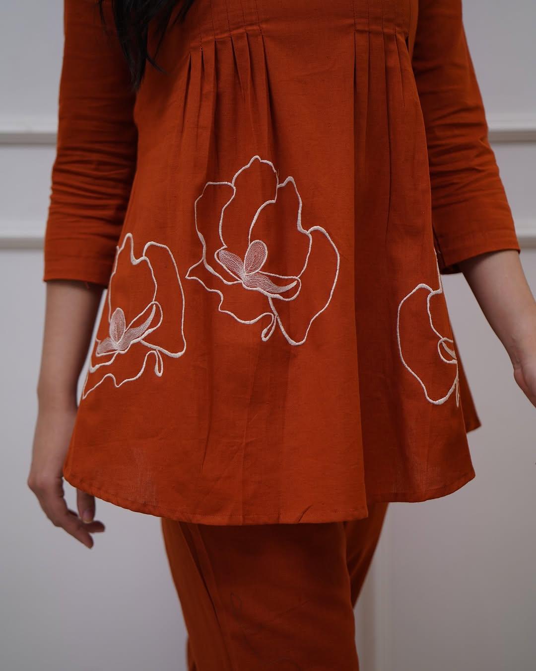 Rusty Red Embroidered Cotton Co-Ord Set