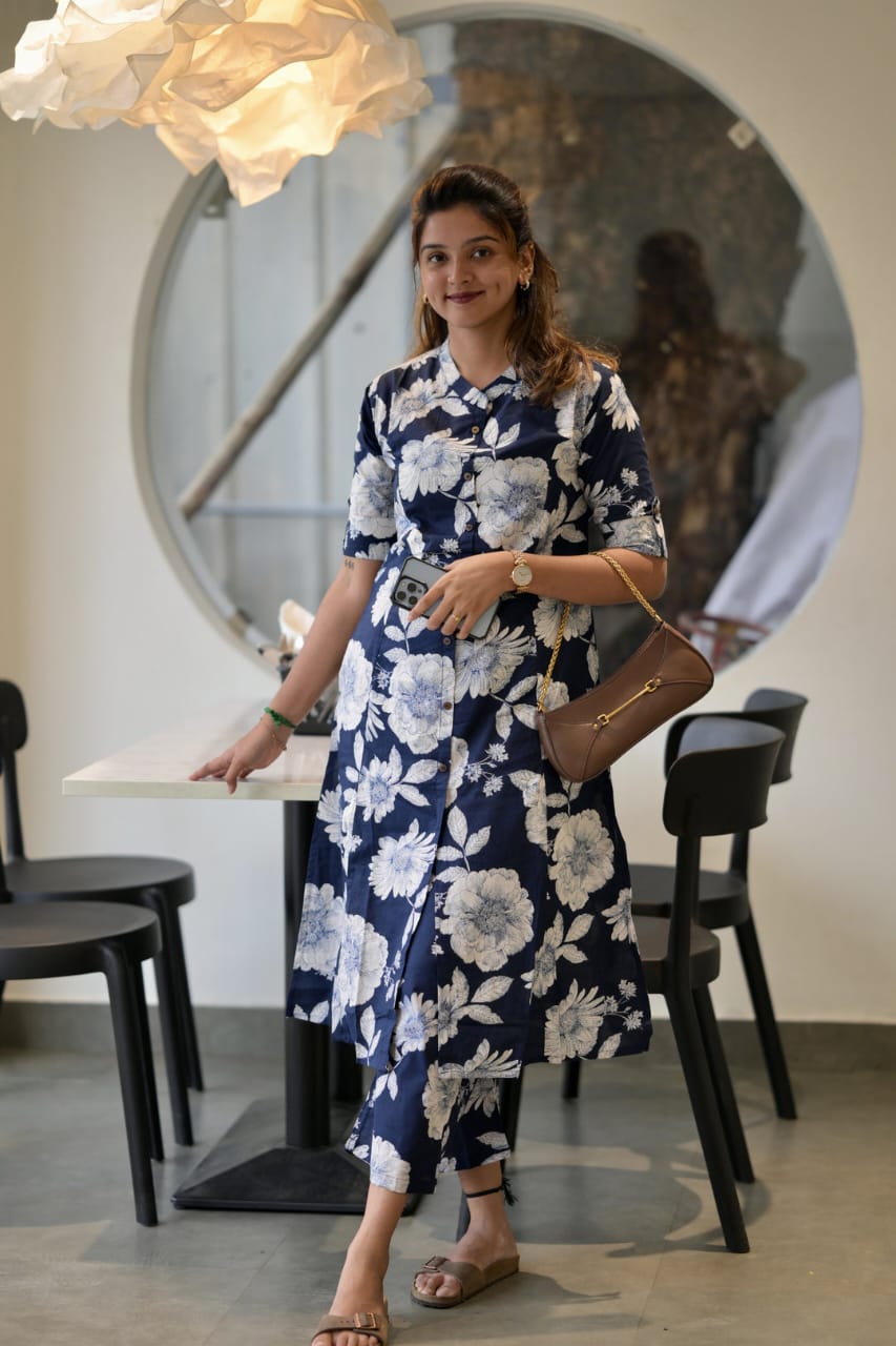 Navy Blue Floral  Printed Cotton Co-Ord Set
