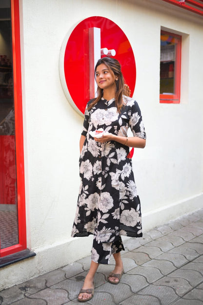 Black Floral Printed Cotton Co-Ord Set