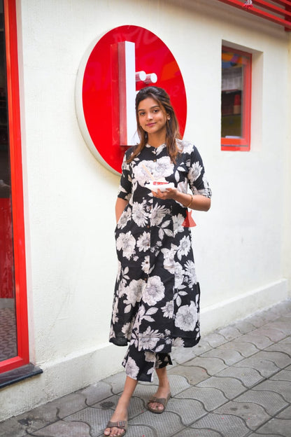 Black Floral Printed Cotton Co-Ord Set