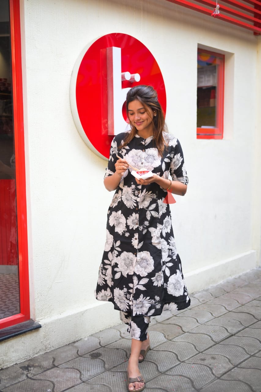 Black Floral Printed Cotton Co-Ord Set