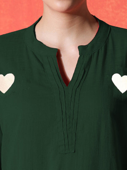 Green Heart Embroidered Cotton Kurta and Pant Set