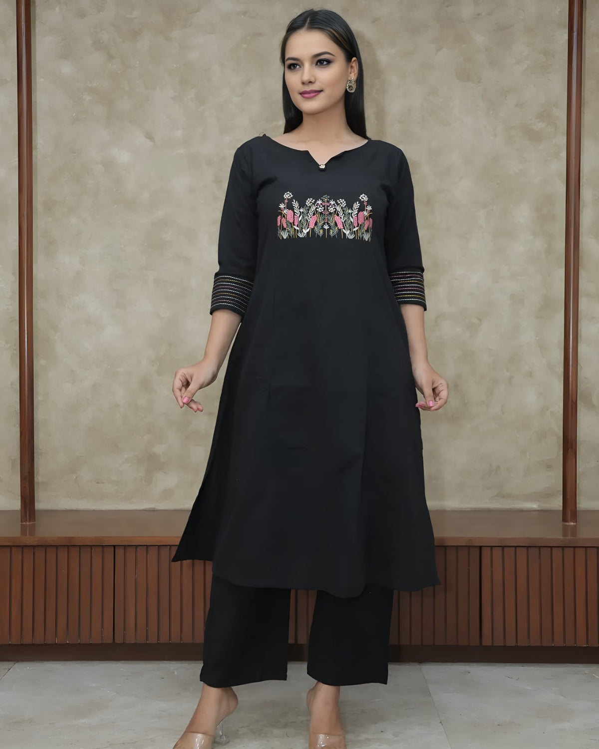 Black Embroidered Cotton Flex Kurta and Pant Set
