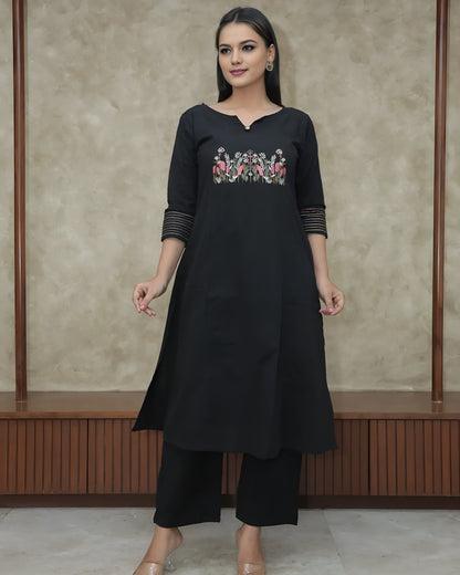 Black Embroidered Cotton Flex Kurta and Pant Set
