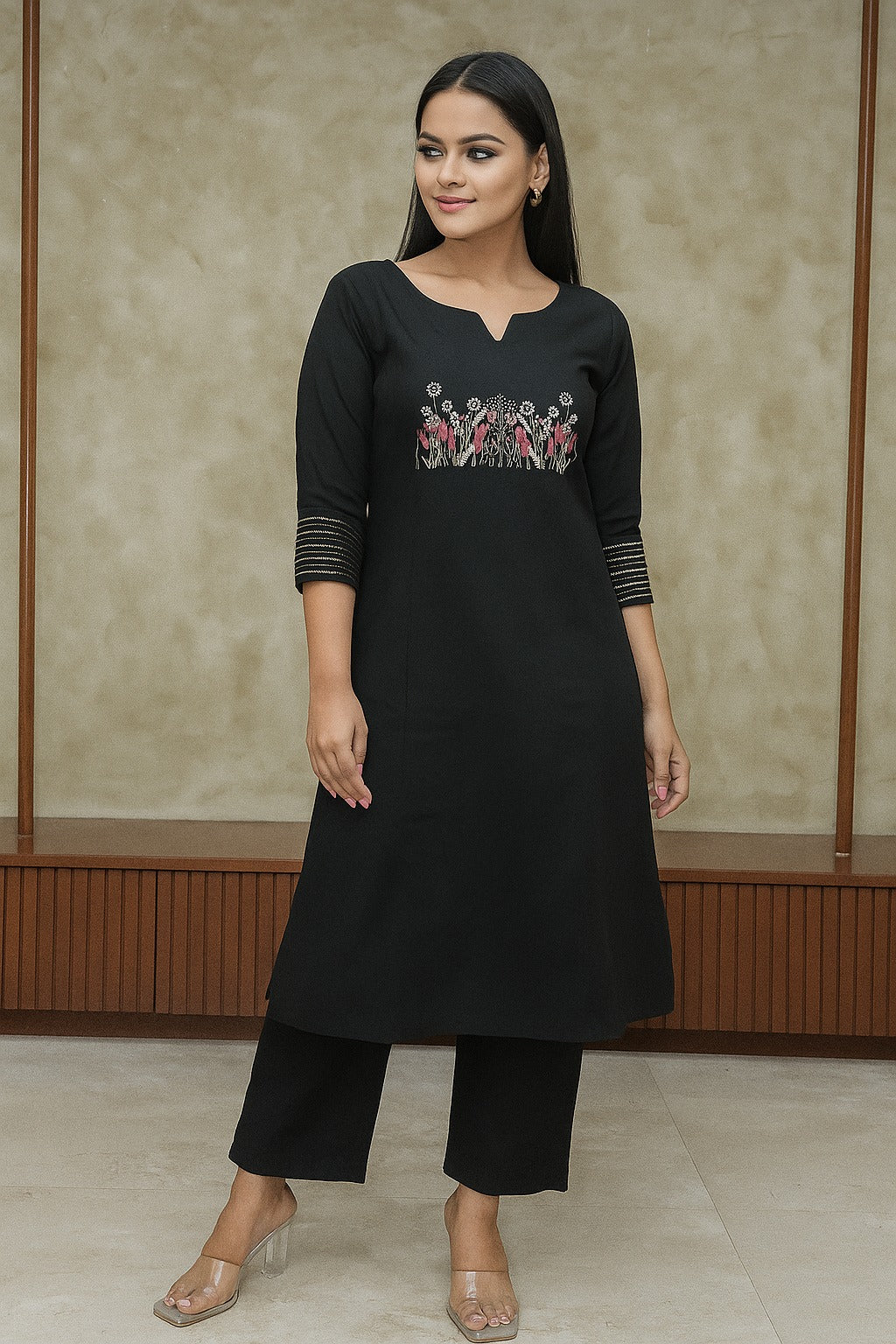Black Embroidered Cotton Flex Kurta and Pant Set