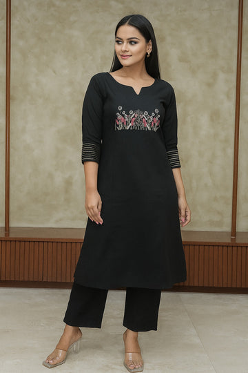 Black Embroidered Cotton Flex Kurta and Pant Set