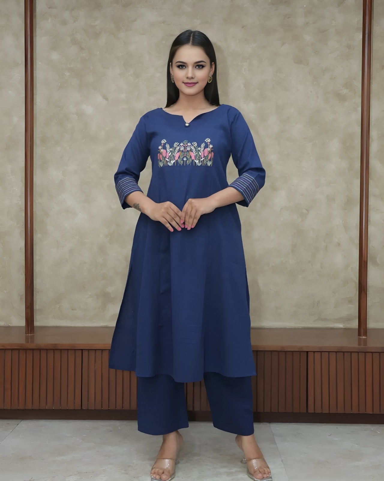 Blue Embroidered Cotton Flex Kurta and Pant Set
