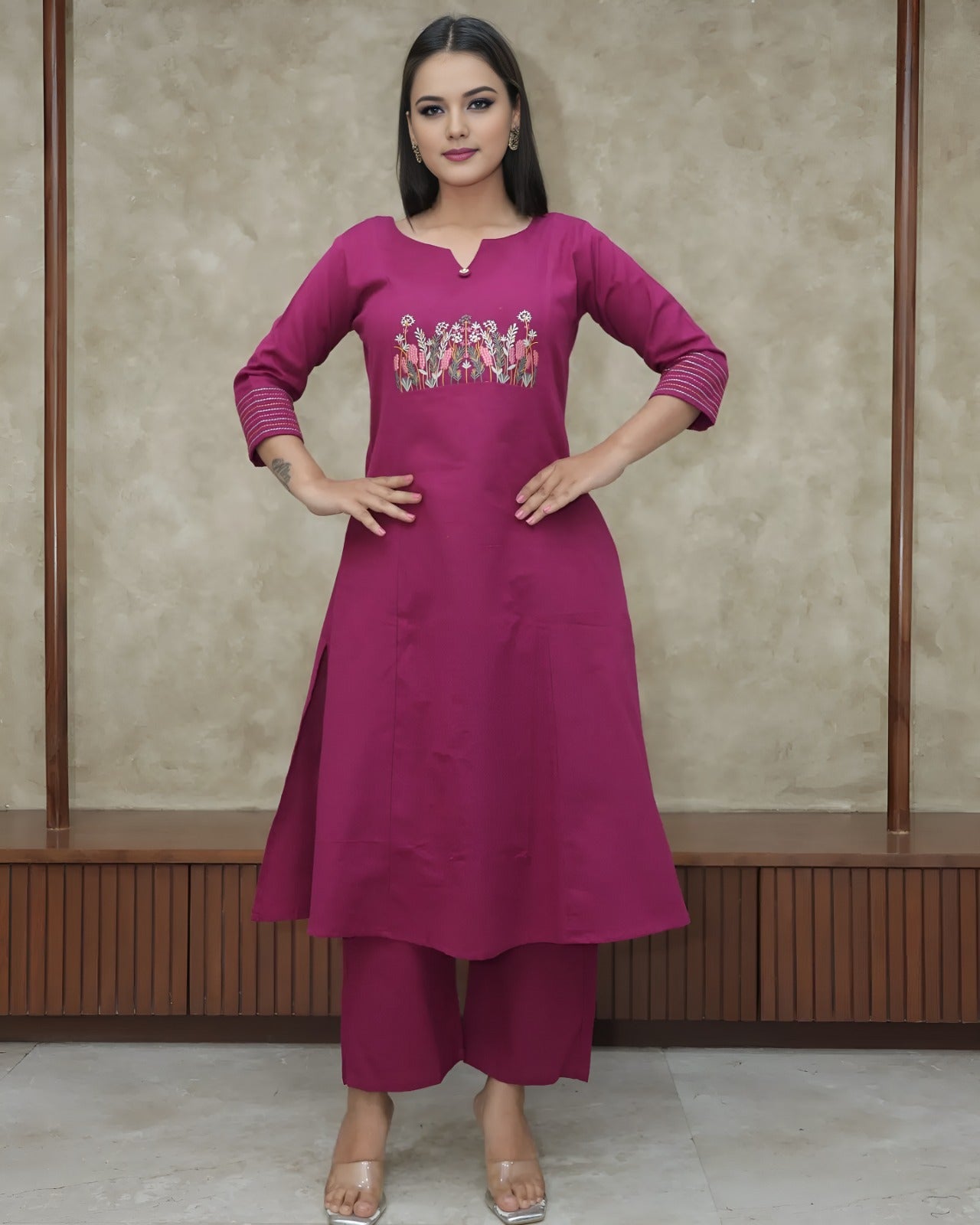 Pink Embroidered Cotton Flex Kurta and Pant Set