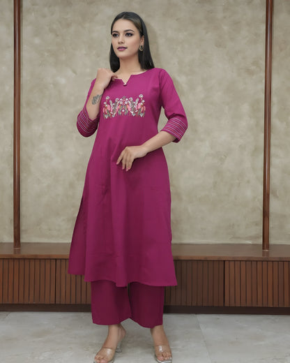Pink Embroidered Cotton Flex Kurta and Pant Set