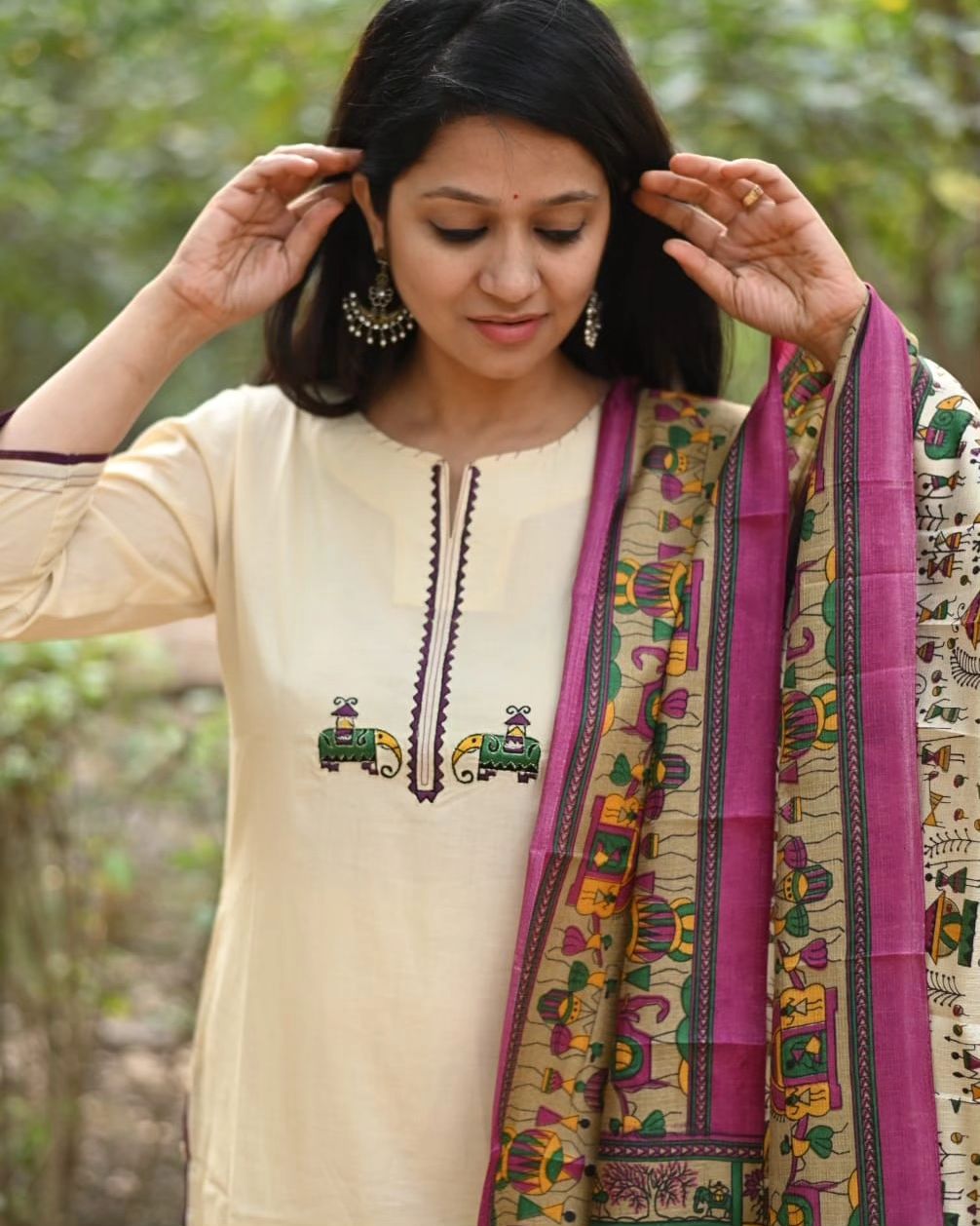 Off White Embroidered Cotton Flex Kurta and Pant Set with Chanderi Dupatta