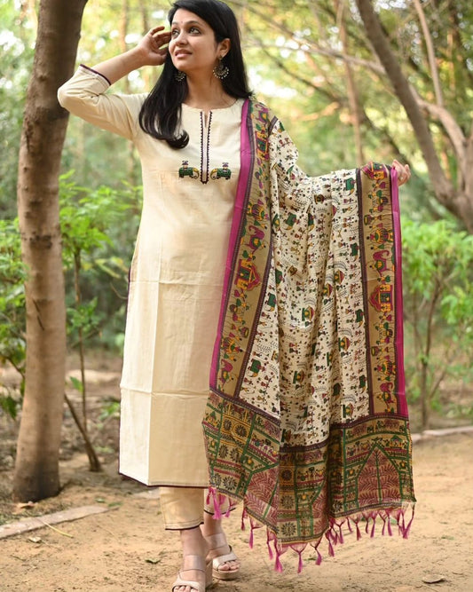 Off White Embroidered Cotton Flex Kurta and Pant Set with Chanderi Dupatta