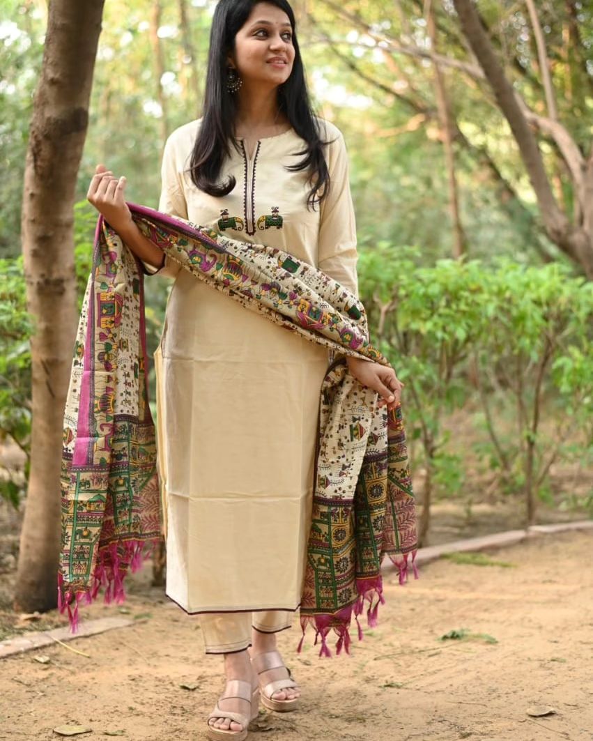 Off White Embroidered Cotton Flex Kurta and Pant Set with Chanderi Dupatta