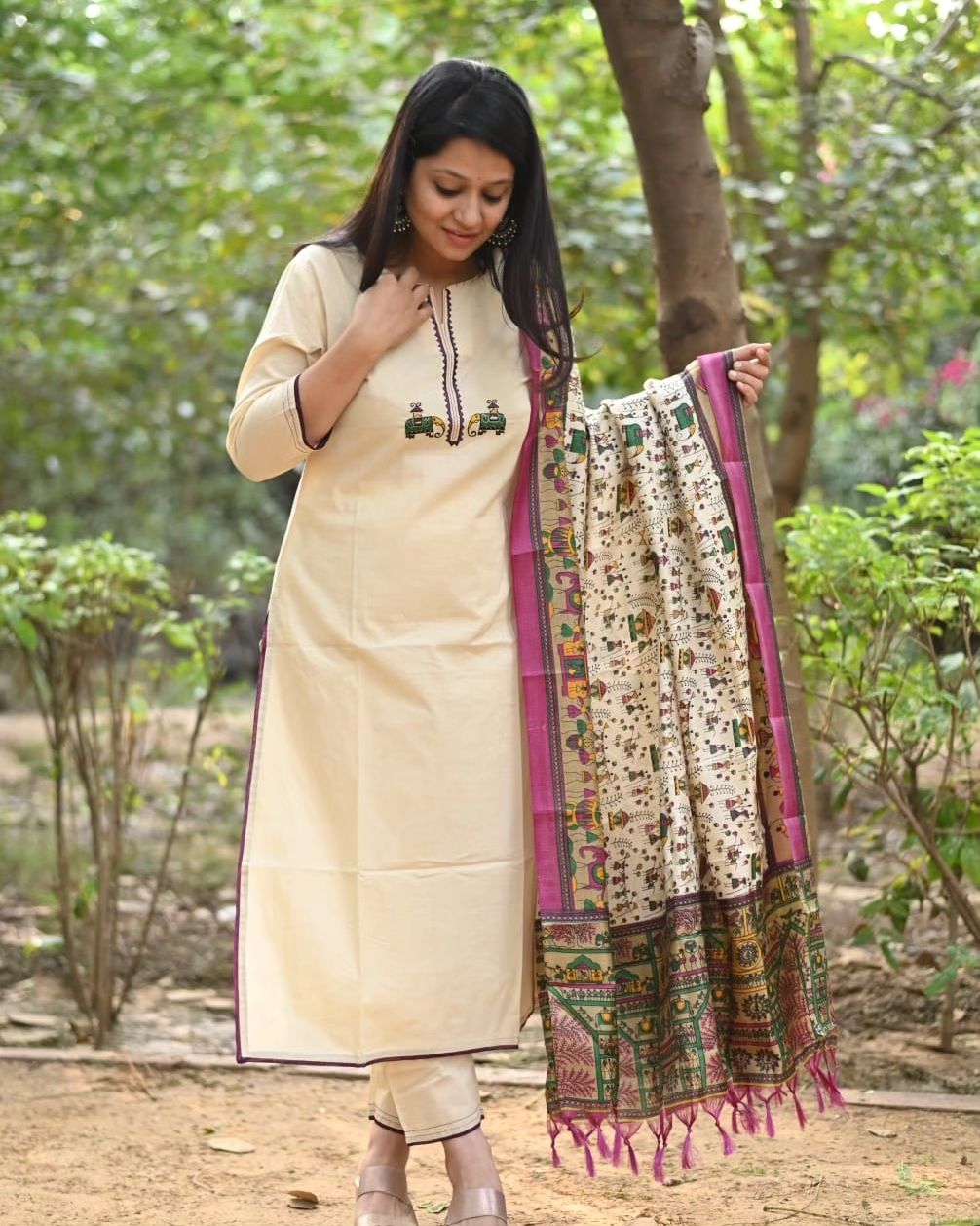 Off White Embroidered Cotton Flex Kurta and Pant Set with Chanderi Dupatta