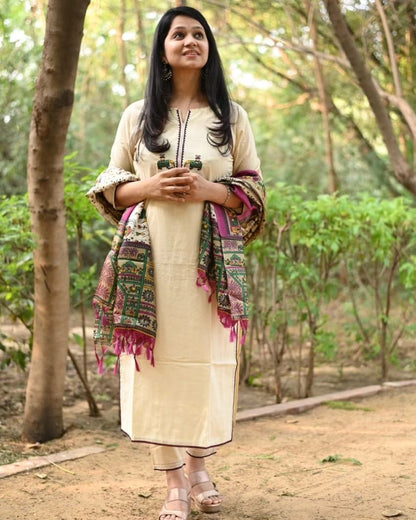 Off White Embroidered Cotton Flex Kurta and Pant Set with Chanderi Dupatta