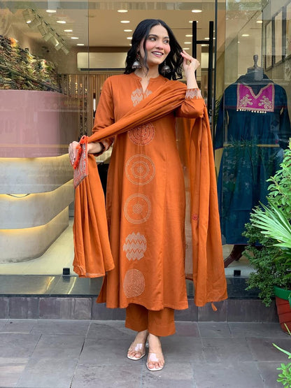 Rust Orange Embroidered Cotton Suit Set with Dupatta