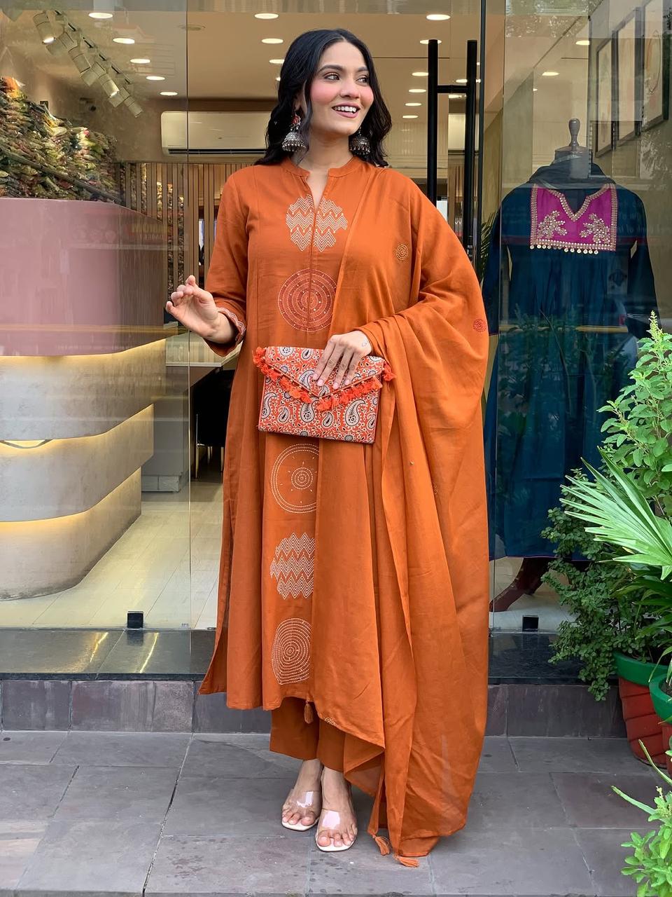 Rust Orange Embroidered Cotton Suit Set with Dupatta