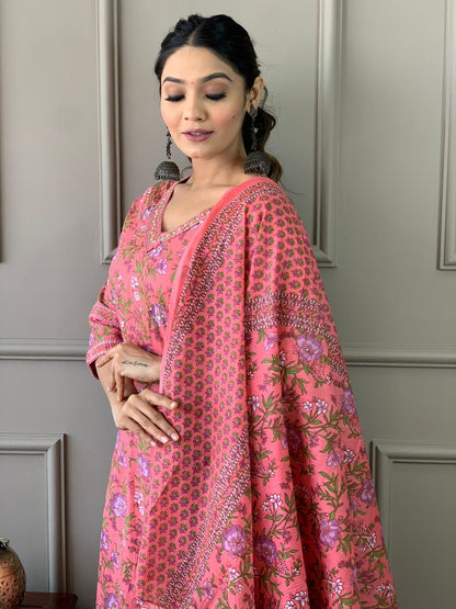 Rose Pink Printed Cotton Kurta and Pant Set