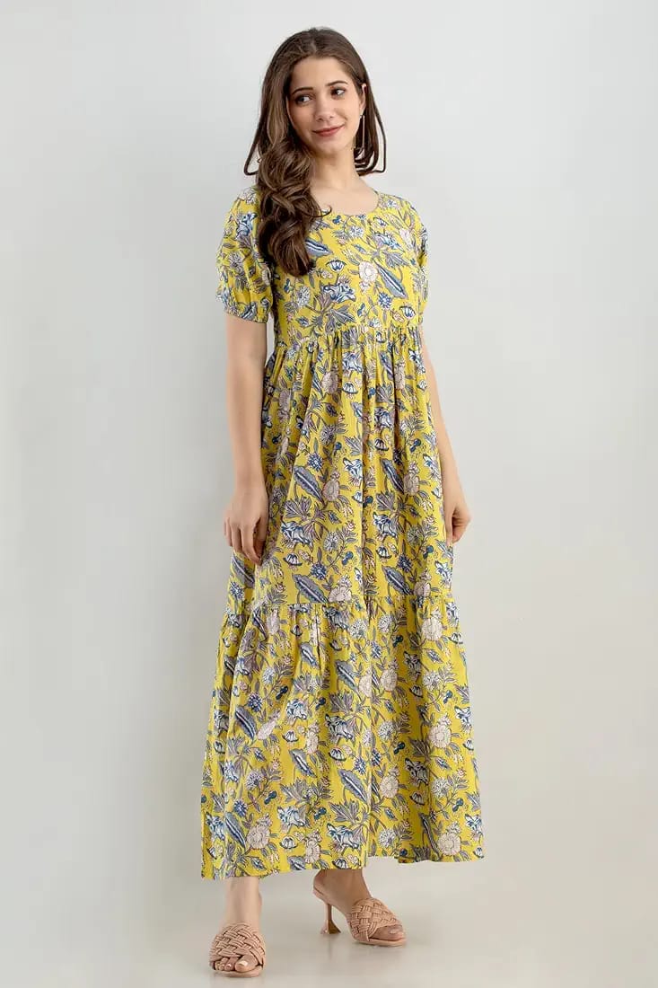 Light Yellow Floral Printed Rayon Anarkali Gown