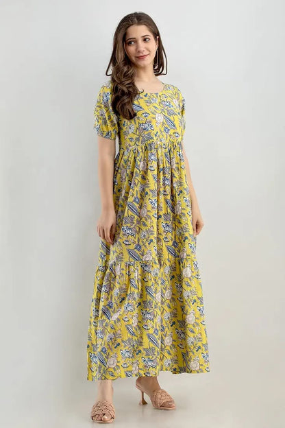 Light Yellow Floral Printed Rayon Anarkali Gown