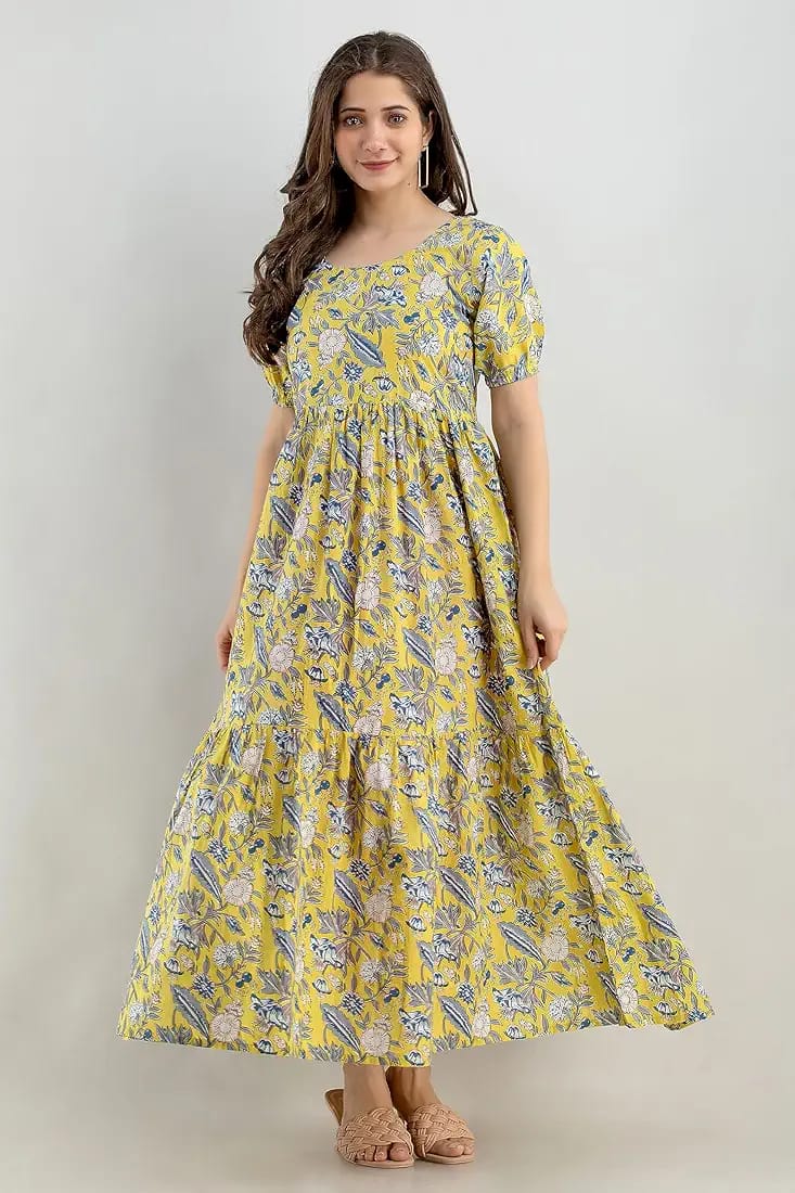 Light Yellow Floral Printed Rayon Anarkali Gown