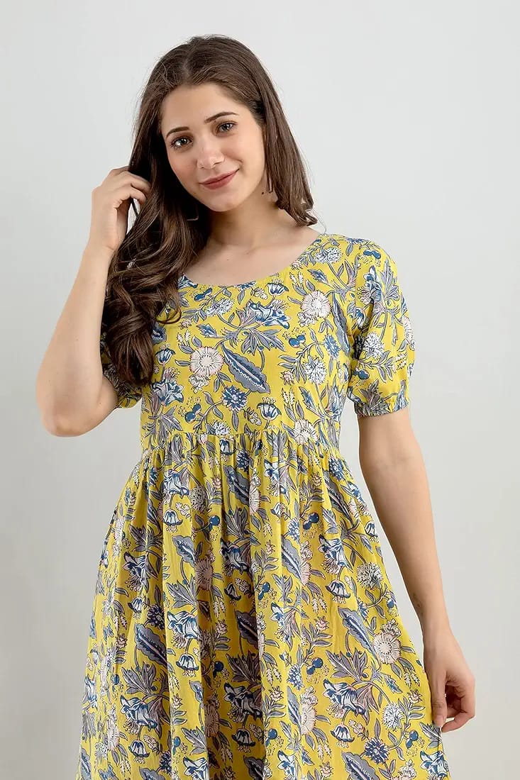 Light Yellow Floral Printed Rayon Anarkali Gown