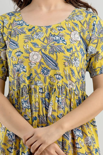 Light Yellow Floral Printed Rayon Anarkali Gown