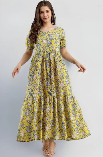 Light Yellow Floral Printed Rayon Anarkali Gown